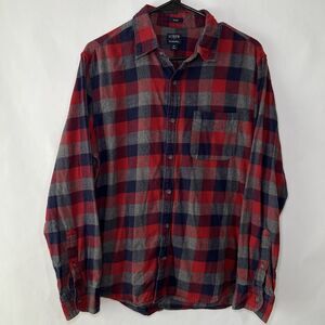 J Crew Slim Fit Button Up Flannel Shirt Mens Size Medium Red Blue Plaid Pocket